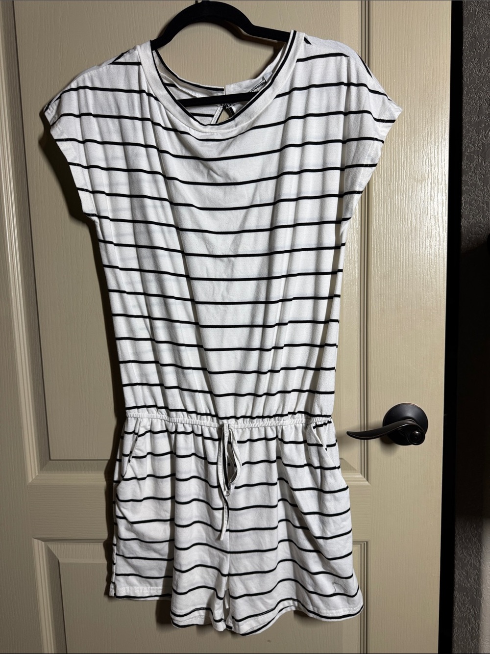 Striped White and Black Drawstring Romper